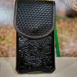 Western Cowboy Belt Loop Phone Holster Black LARGE Genuine Leather Basketweave